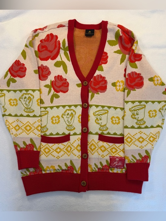 Disney Sweaters - Disney Beauty and Beast Chip Cozy Cardigan Rose Knit Cottagecore
